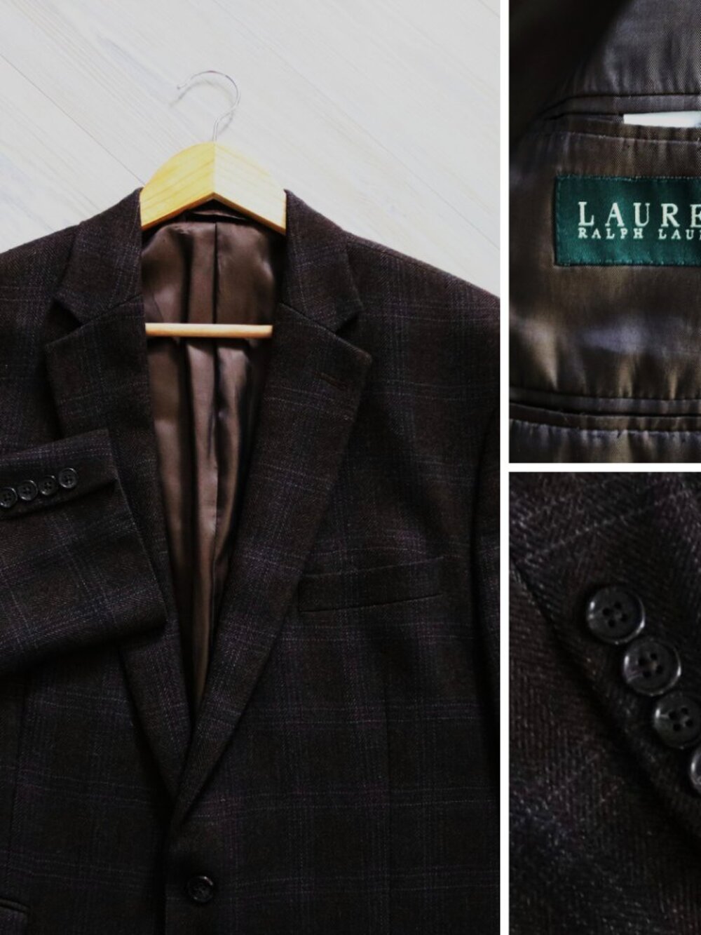Lauren Ralph Lauren Men's 44L Mahogany Windowpane Blazer Elbow Patches Wool Coat
